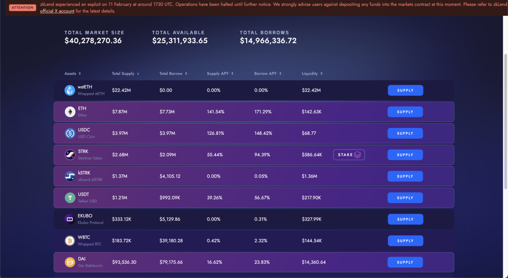 Statistics of lending markets on zkLend, screenshot from zkLend website on 02/13/2025