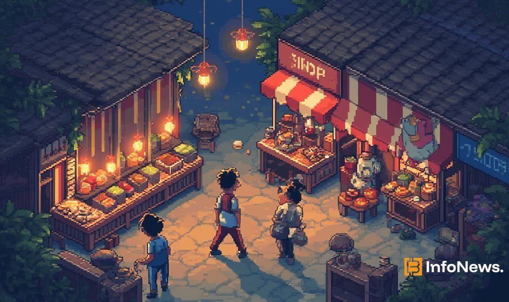 8 bit bustling marketplace scene