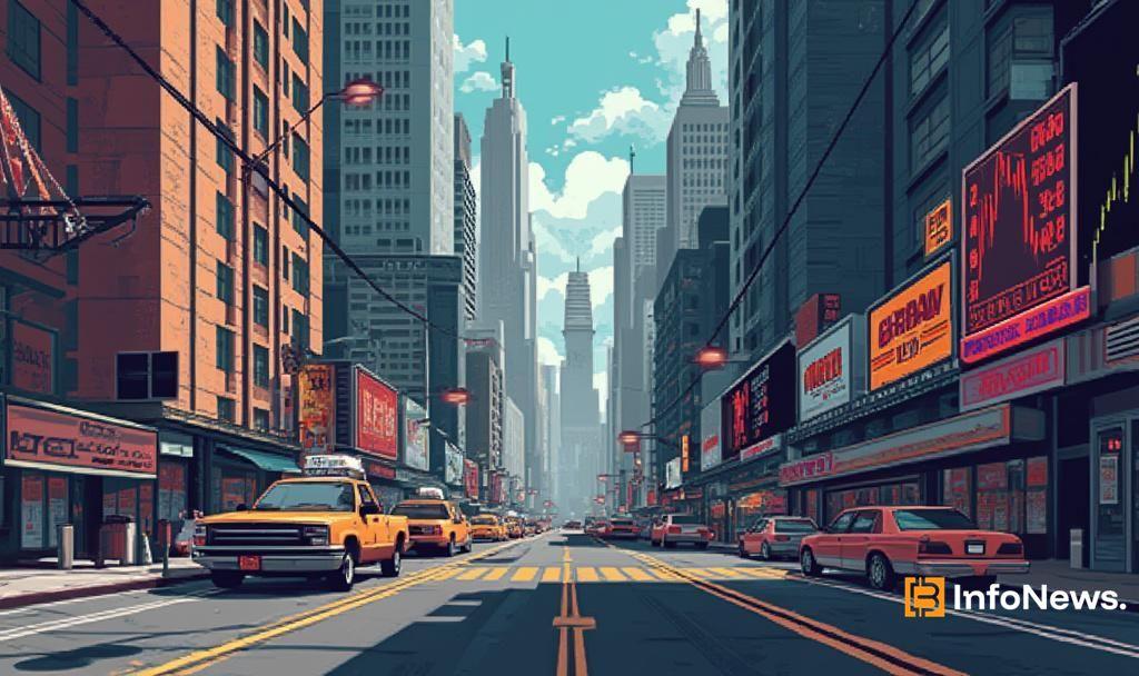 pixelated retro stock market city