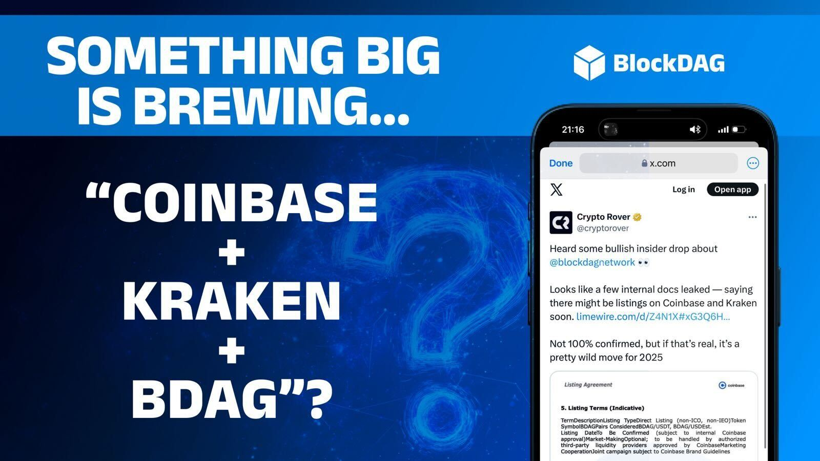 Crypto Rover’s Leak Shocks the Market: BlockDAG’s Dual Listings on Coinbase & Kraken Look Locked In 1 Promotional banner for BlockDAG